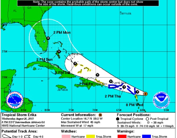 [8PM] Tormenta Erika se mantiene desorganizada