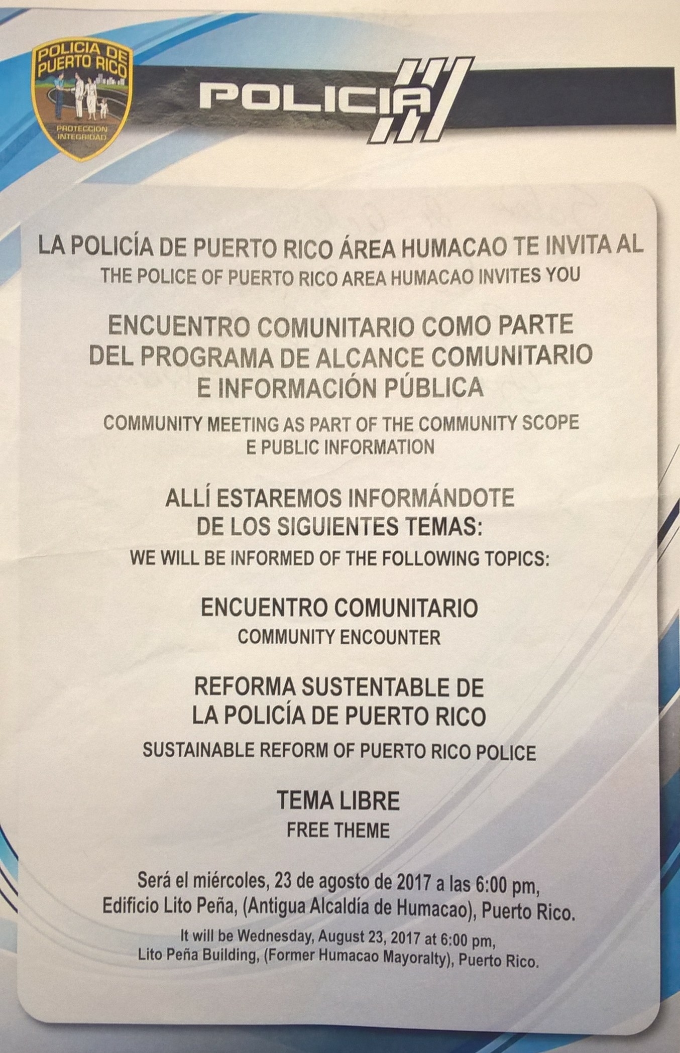 INVITACIÓN A LA CIUDADANÍA EN GENERAL A REUNIÓN ENCUENTROS COMUNITARIOS CON LA POLICÍA DE PUERTO RICO