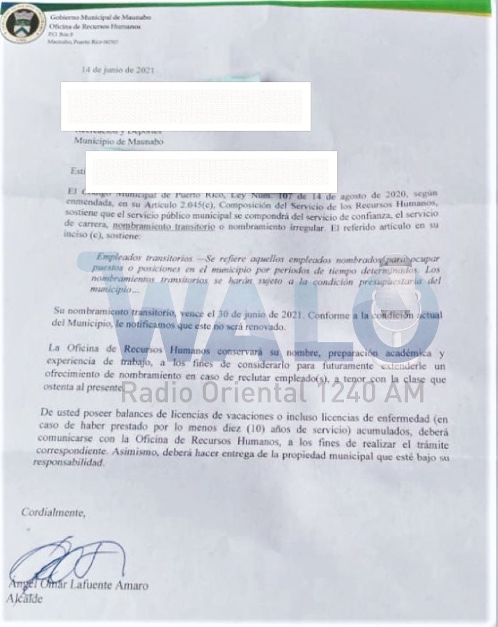 Entregan cartas de terminación de contrato a empleados municipales de Maunabo