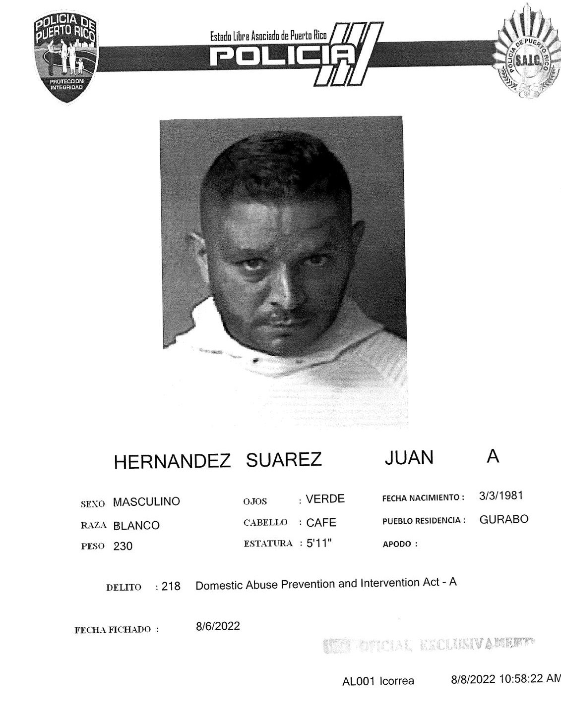 ¡Otra vez! Fijan fianza a excomisionado de la policía de Naguabo por violencia de género