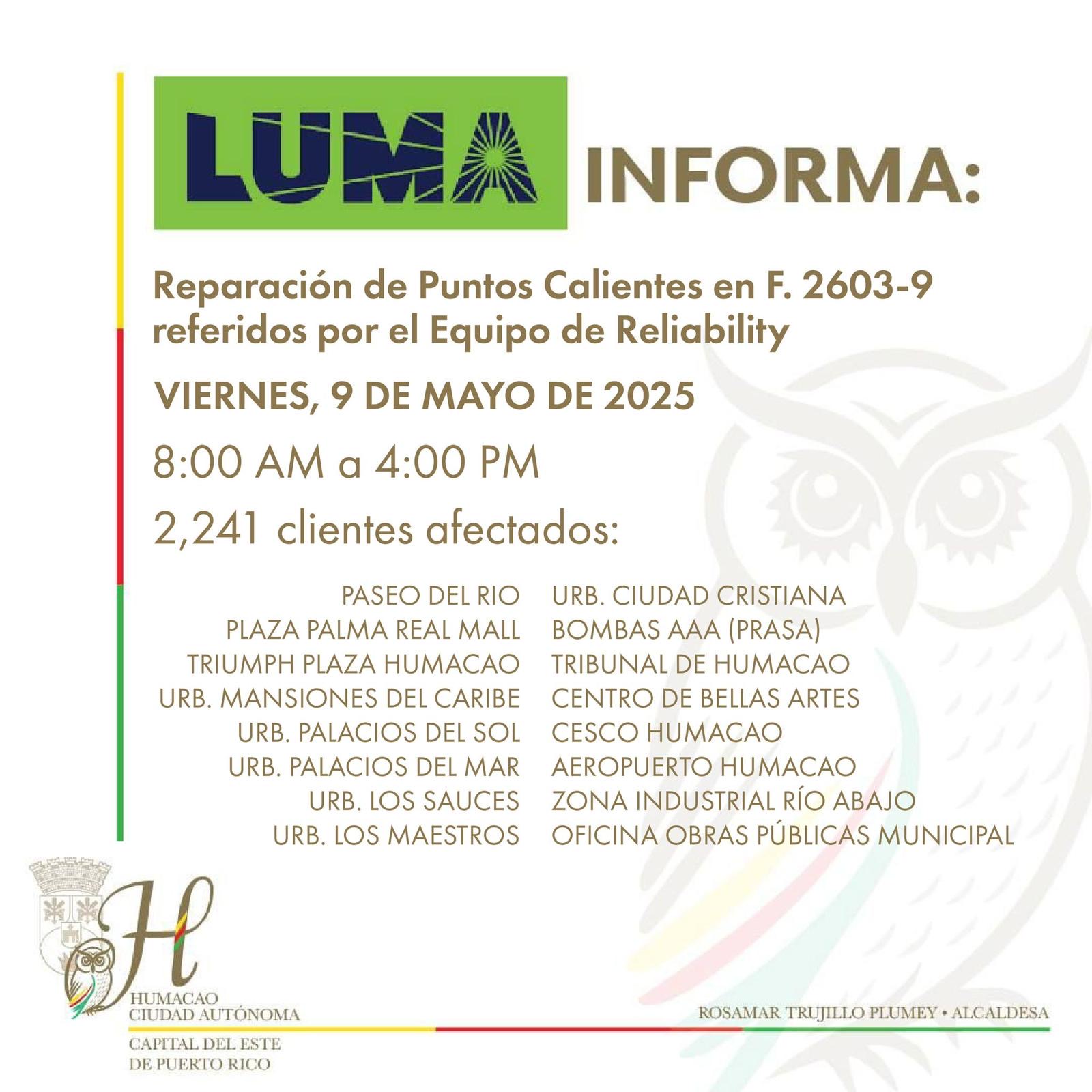 Más de 2,200 clientes de Humacao estarán sin servicio eléctrico este viernes por trabajos de reparación de LUMA