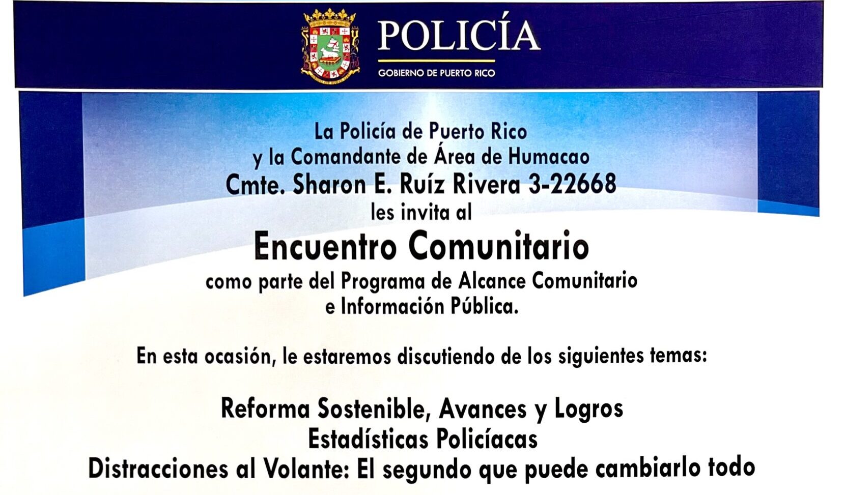 Policía invita a encuentro comunitario del Área de Humacao